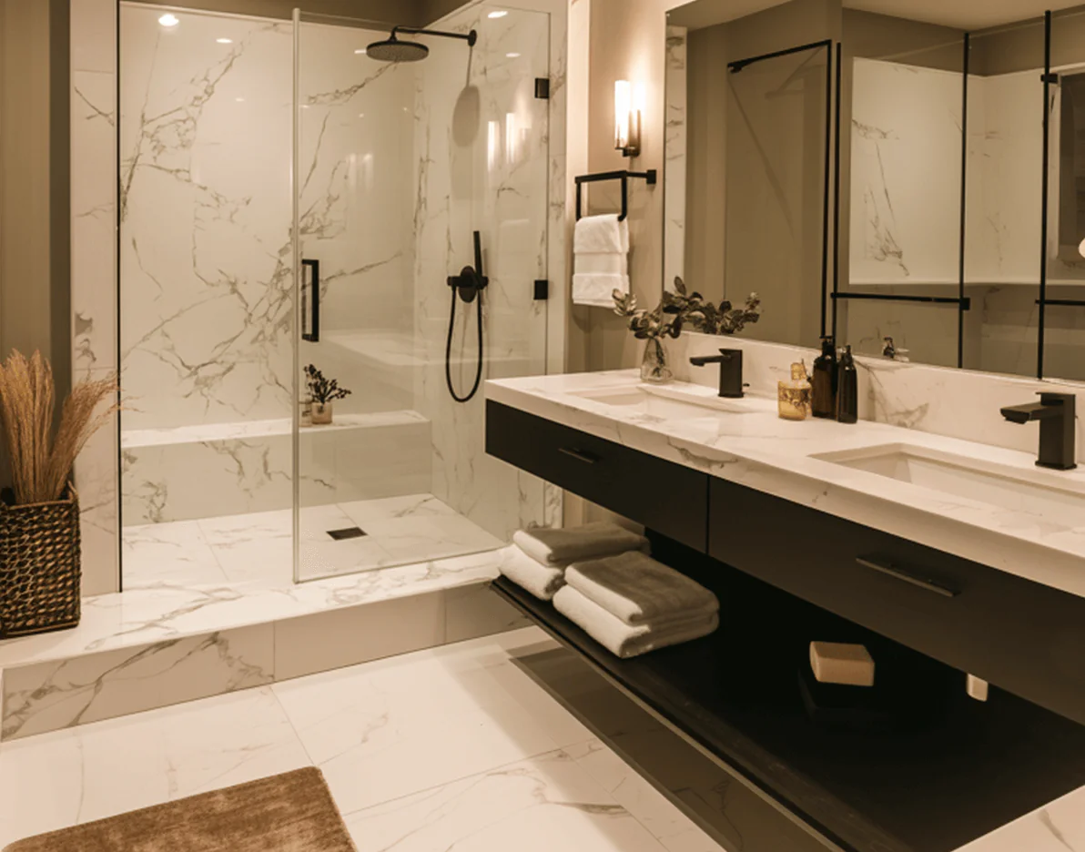 Marble bathroom with a glass shower and a dark floating vanity